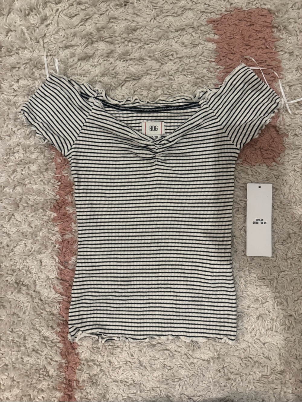 BDG Navy & White Striped Off-Shoulder Ribbed Crop Top